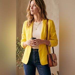 Neiman Marcus $180 Linen-Cotton Open Front Blazer | Canary Yellow Size L